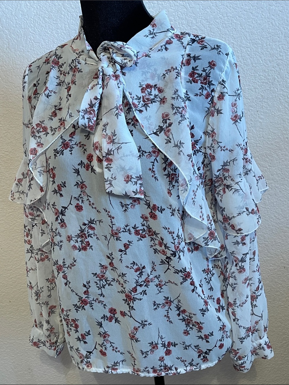 Light Blue Floral Tie-Neck Ruffle Blouse